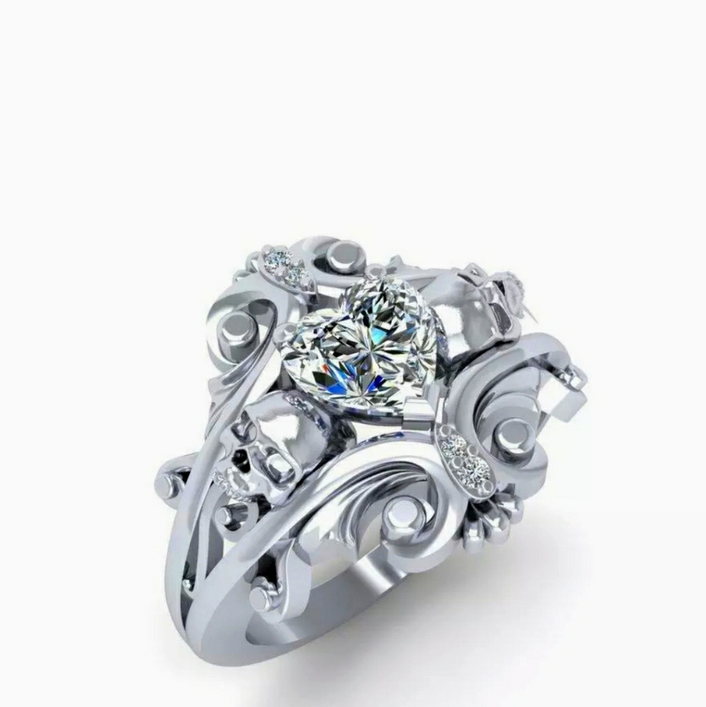 *SALE* New Heart Shaped White Topaz Silver Skull Ring.